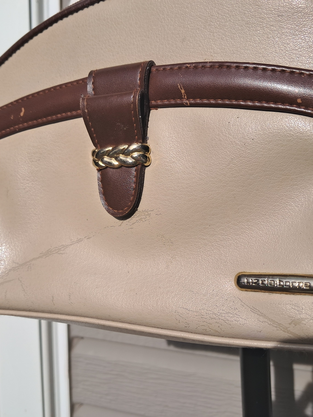 Liz Claiborne Vintage Beige Brown Dome Satchel W Gold Accents Purse Bag